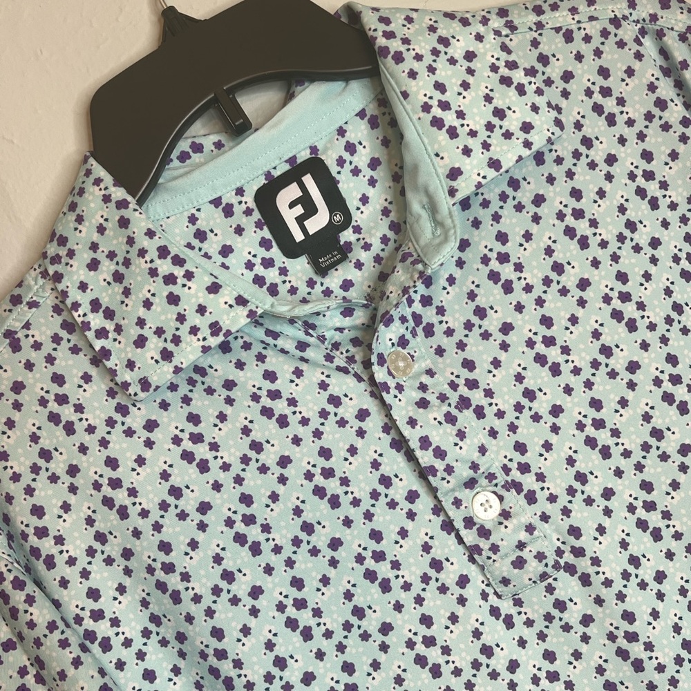 FJ FootJoy Men's Medium Short Sleeve Polo Polyester Spandex Blue Purple Shirt